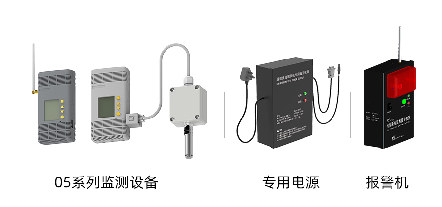 部分設(shè)備展示：05系列溫濕度監(jiān)測(cè)設(shè)備、報(bào)警機(jī)